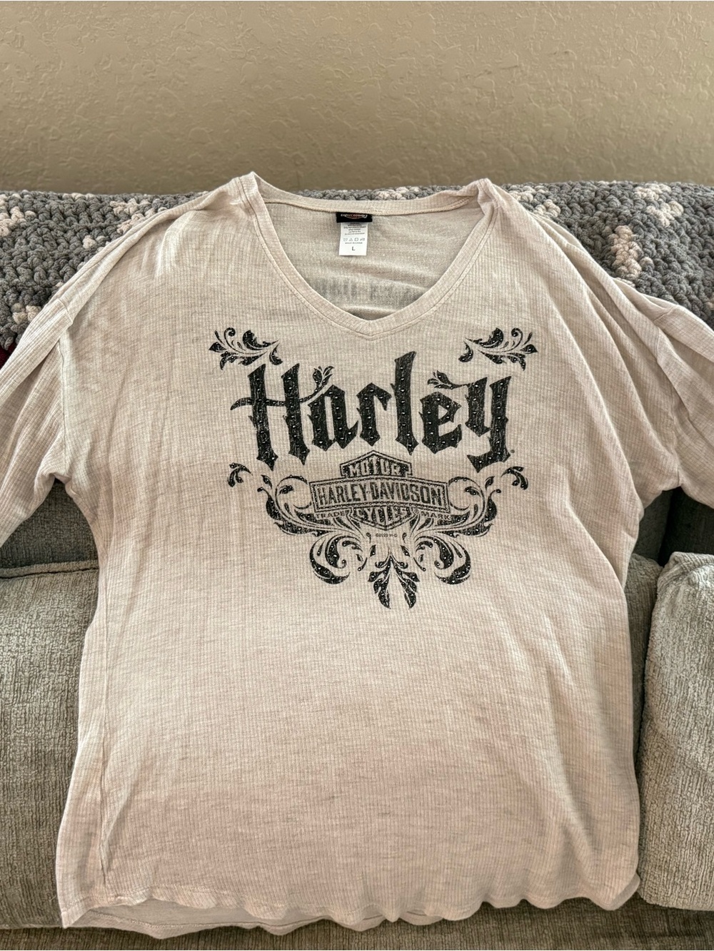 Harley-Davidson Beige Knit V-Neck Top with Black Logo